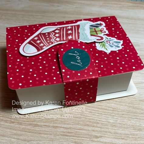 Christmas Stocking Book Treat Box | Stamping With Karen Stampin Up Treat Boxes Tutorials, Book Treat Boxes Stampin, Su Book Treat Boxes, Stampin Up Book Treat Boxes 2024, Stampin Up Book Treat Boxes, Book Box Ideas, Christmas Treat Holders, Treat Boxes Diy, Paper Craft Gifts