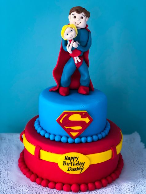 Dad super hero cake Superdad Cake, Super Dad Cake, Girl Superhero Cake, Super Kitties, Super Hero Cake, Hero Cake, Superman Cakes, 1st Bday Cake, Minnie Mouse First Birthday