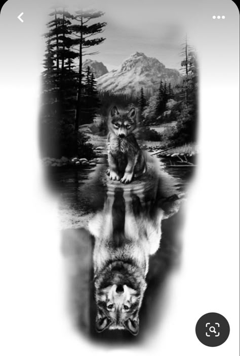 Wolf Sleeve Tattoo Design, 2 Wolf Tattoo, Wolf Sleeve Tattoos For Guys, Wolf Family Tattoos For Men, Wolf Reflection Tattoo, Wolf Family Tattoo, Wolf Forest Tattoo, Wolf Sleeve Tattoo, Half Sleeve Tattoos Wolf