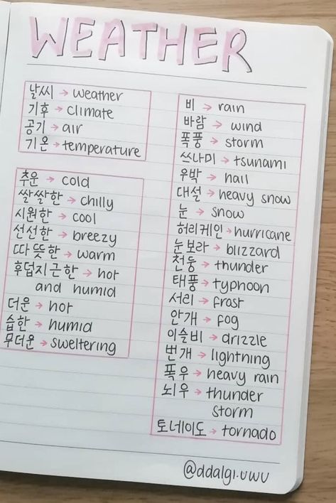 Weather In Korean, Korean Weather, Korean Learning Apps, Korean Vocab, Words In Other Languages, Learning Korean Grammar, Korean Study, Learn Basic Korean, Korean Learning