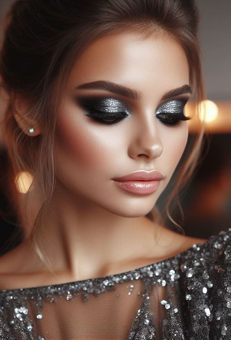 Dress to impress! Elevate your evening look with a charcoal grey smokey eye and silver glitter. This glamorous combination is guaranteed to turn heads. Makeup Look For Grey Dress, Easy Smokey Eye Makeup, Silver Smoky Eye, Eye Makeup Tutorial For Beginners, Glittery Smokey Eye, Easy Smokey Eye, Silver Smokey Eye, Grey Smokey Eye, Grey Eye Makeup