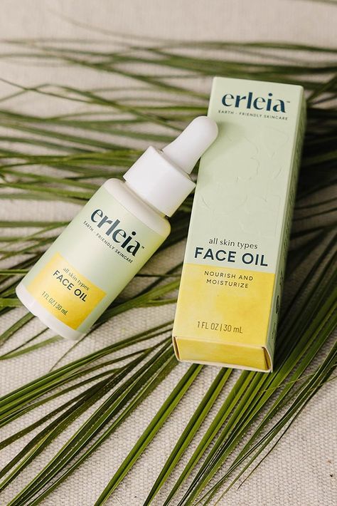 Erleia All Skin Types Face Oil bottle and packaging displayed on palm leaves for a clean and eco-friendly aesthetic. Vegan Skincare Products, Face Balm, Free Skincare, Body Moisturizers, Oil Cleanser, Cruelty Free Skin Care, Lotion Bars, Vegan Skincare, Cruelty Free Beauty