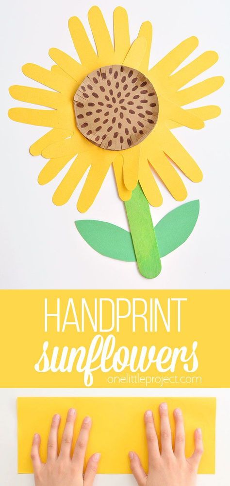 This handprint sunflower craft is such a beautiful keepsake and it's really simple to make using children's handprint cut outs! This is such a great kids craft, a cute homemade card idea and an awesome fall craft for kids using simple dollar store supplies! Handprint Sunflower, Sunflower Craft, Origami Paper Flowers, August Crafts, September Crafts, Sunflower Crafts, Make Paper Flowers, Paper Sunflowers, Halloween Crafts For Toddlers