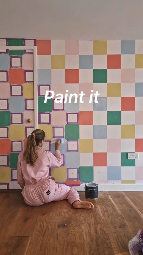 Fun Room Colors, Painted Playroom Walls, Checkered Mural, Painted Checkered Wall, Fun Paint Ideas For Walls, Fun Playroom Paint Colors, Fun Ways To Paint Walls, Playroom Wall Paint, Diy Paint Walls Designs