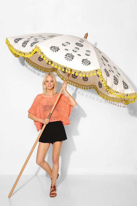 Parasol Diy, Patio Umbrellas Diy, Best Patio Umbrella, Painted Patio, Magical Thinking, Umbrella Designs, Umbrellas Parasols, Pom Pom Trim, Beach Umbrella