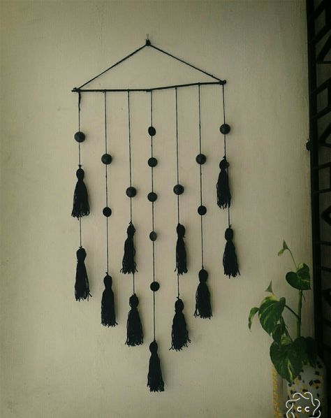 Hanging Crafts, Wall Hanging Crafts, Text Art, Black Beads, Wall Hangings, Baby Mobile, Wall Hanging, Beads, Wall