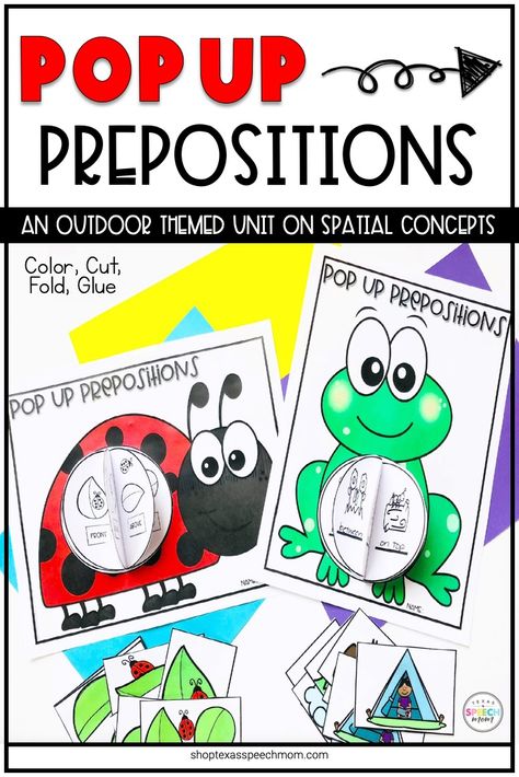 A no-prep easy craft perfect for your outdoor, summer, spring, bug-themed speech therapy lesson plans. This resource targets 8 spatial concepts (between, above, on top, under, in, out, in front, behind) with concrete and abstract visuals and sentence prompts. You can also target fine motor skills by having your speech therapy students cut the circles out, fold in half, and glue themed template. #easter #bunny #speechpathology #vocab Outdoor Themed Crafts, Speech Language Pathology Activities, Abstract Visuals, Sentence Prompts, Language Development Activities, Preschool Speech Therapy, Learning Preschool, Speech Therapy Games, Speech Language Activities