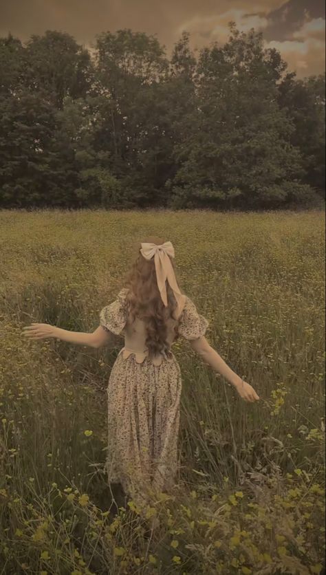 yellow flowers, fields, summer, spring, sundress, summertime aesthetic Walking Through A Field, Flower Aesthetic Landscape, Frolicking In A Field Aesthetic, Pose Reference Lighting, Walking In Flower Field, Woman In Flower Field, 1800s Love, Frolicking Dress, Fairy Girl Aesthetic