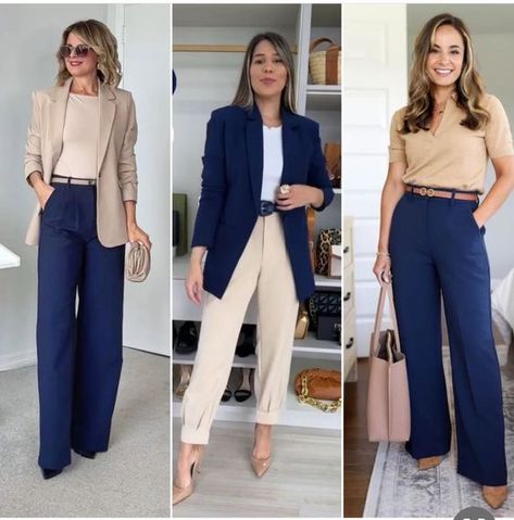 Navy Professional Outfits Women, Fall Business Casual Outfits 2024, Beige And Navy Blue Outfit, Styling Navy Blue Pants, Blue Work Pants Outfit, Navy And Beige Outfit, Outfit Blazer Azul Marino, Navy Blue Pants Outfit Women, Navy Blazer Outfit Women Work