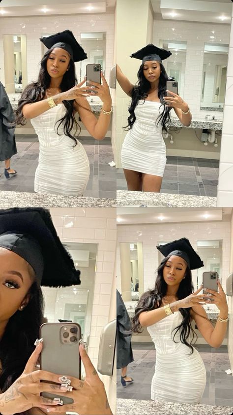 White Graduation Dress High School Black Women, High School Graduation Black Women, White Grad Dress Black Women, Graduation Post Instagram Story, Graduation Dress Black Women High School, Grad Dress Black Women, Graduation Pictures Middle School, Highschool Graduation Outfits, White Graduation Dress Black Women