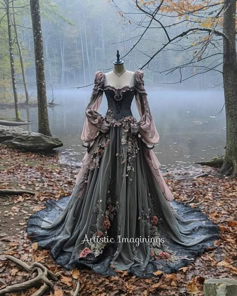 Fantasy Gowns With Armor, Book Ball Gown, Ball Gowns Fantasy Fairytale Dark, Sarah Fantasy Gown, Witchy Ball Gown, Fantasy Gown Aesthetic, Ballgown Dresses Aesthetic, Dnd Ball Gown, Witch Ball Gown