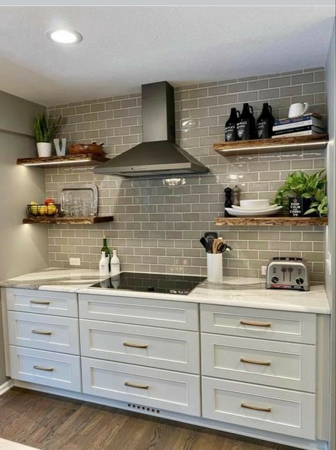 Kitchen No Cupboards Open Shelving, Kitchen No Top Cupboards, Open Concept Kitchen Cupboards, Kitchen No Upper Cupboards, Tile And Open Shelving, No Cupboard Kitchen, No Cupboards In Kitchen, Open Cupboard Ideas, Open Cupboards Kitchen