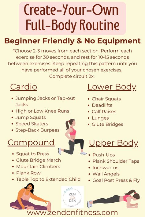 Beginner-friendly workout routine featuring bodyweight exercises to build strength, improve flexibility, and increase movement. Customizable to fit individual needs, no equipment required. Total Body Workout No Equipment, Beginner Workout No Equipment, Total Body Workout For Beginners, Beginner Full Body Workout At Home No Equipment, Indoor Workout No Equipment, Fitness For Beginners At Home, Whole Body Workout At Home, Full Body No Equipment Workout, Full Body Exercises At Home