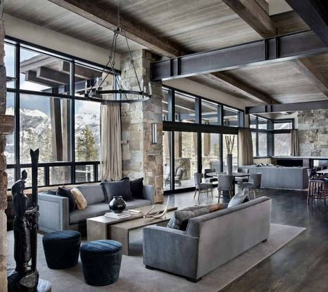 Burning Photos, Chalet Modern, Mountain Home Interiors, Mountain Modern Home, Fireplace Console, Modern Industrial Interior, Floor Wood, Interior Design Per La Casa, Elegant Living Room Design