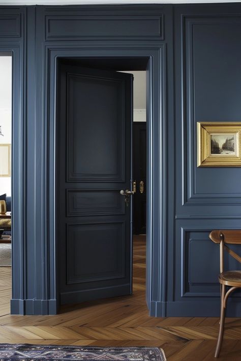 Painted Doors Interior Creative, Interior Door Colors Ideas, Blue Interior Doors, Door Color Ideas, White And Silver Bedroom, Interior Door Color, Door Painting, Hallway Colours, Silver Bedroom