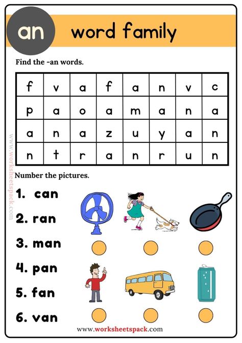 An Word Family - worksheetspack An Family Words Worksheets, Family Words Worksheets For Kids, An Words, An Word Family, Tutoring Activities, Reading Preschool, Word Puzzles For Kids, Phonics Learning, Puzzle Printable