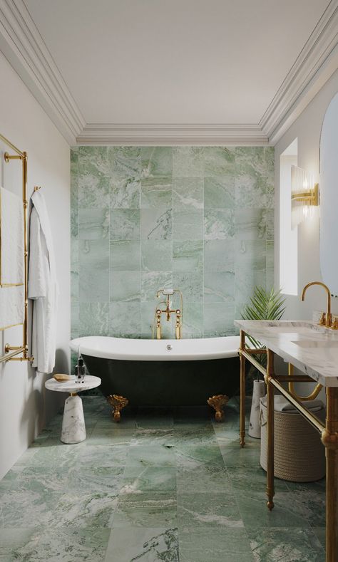 Ming Green | Marble - 12x12 in. Field Tile | Honed/Polished (3/8" Thick) - Renaissance Tile and Bath Ming Green Tile, Green Marble Tile, Ming Green Marble, Traditional Bathroom Tile, Green Marble Bathroom, Mint Green Bathrooms, Mint Bathroom, Traditional Design Style, Ensuite Design