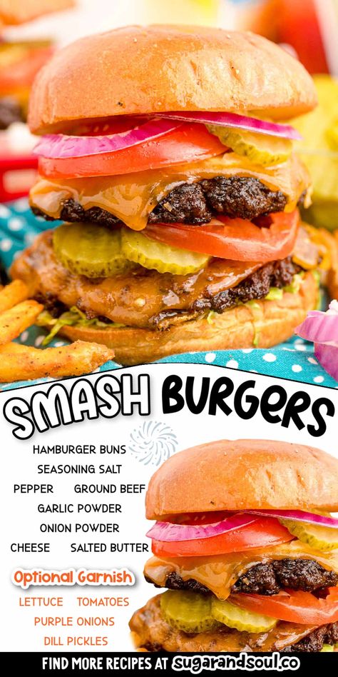 Smash Burgers Cast Iron, Smash Burger Seasoning Recipe, Smash Burger Recipe Cast Iron, Mash Burgers, Pan Fried Burgers, Smashed Burgers Recipe, Smash Burgers On Stove, Homemade Hamburger Patties, Smashed Burgers