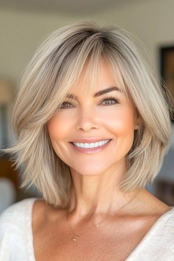 Bobbed Hair With Bangs, Soft Textured Bob, Thick Hair Haircut With Bangs, Bob For Thick Hair With Bangs, Simple Bob Haircut, Layered Bob With Bangs Thick Hair, Thick Hair Textured Bob, Layered Medium Bob, Thick Hair Round Face Haircut