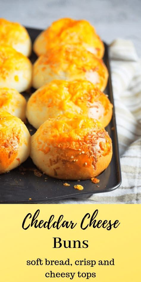 Tender crisp and cheesy tops with hints of garlic flavor, You will love these Cheddar Cheese Buns that has a bit of parmesan cheese mixed in the toppings. #cheese #cheddarbread #cheesebread Bread Buns, Cheese Buns, Queso Cheddar, Biscuit Rolls, Breads & Buns, Cheesy Bread, Bread Bun, Bread Machine Recipes, Bun Recipe