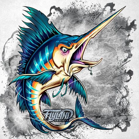 Fish Graphic Design, Gig Posters Design, Blue Marlin Fish, Marlin Fish, Trippy Artwork, Shark Art, Blue Marlin, Fish Graphic, Beach Artwork