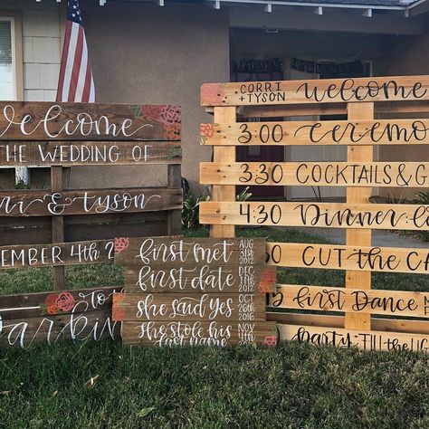 Pallet wedding signage. Hand lettered. Hand painted. Itinerary. Parking. Welcome. Diy Wedding Pallet Signs, Wedding Signage Pallet, Pallet Itinerary Wedding, Welcome To Our Wedding Pallet Sign, Pallet Decorations Wedding, Palette Wedding Sign, Wedding Pallet Decor, Wedding Welcome Sign Pallet, Wooden Pallet Wedding Ideas