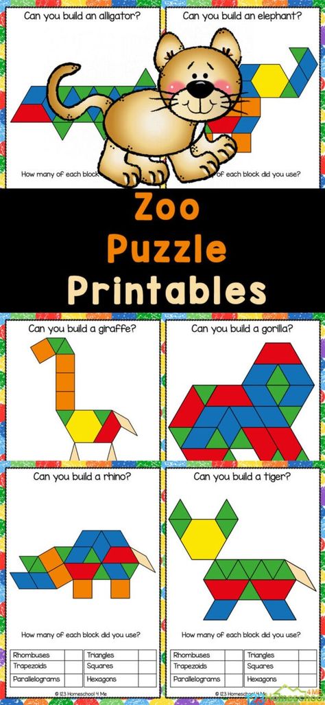 Shape Activity For Preschool, Free Pattern Block Printables, Math Activity For Preschool, Pattern Block Printables, Pattern Blocks Activities, Patterning Kindergarten, Pattern Block Templates, Tangram Patterns, Zoo Phonics