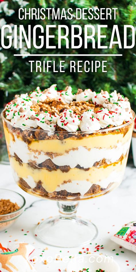 Gingerbread Trifle - Christmas Dessert - xoxoBella Gingerbread Berry Trifle, Holiday Dessert Trifles, Gingerbread Triffle Desserts, Ginger Bread Trifle, Fruity Trifle Desserts, Gingerbread Trifle Desserts, Gingerbread Cookie Trifle, Pavlova Trifle Recipes, Ginger Bread Trifle Desserts