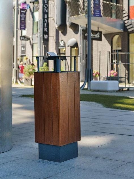 Outdoor Trash Bin, Park Benches, Outdoor Trash Cans, Litter Bin, Brick Architecture, Trash Bin, Trash And Recycling Bin, Street Furniture, Recycle Trash