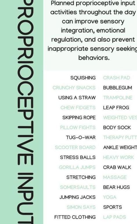 Proprioceptive input activities throughout the day improves sensory integration, self-regulation, and also prevents inappropriate sensory seeking behaviors. #sensoryinput #spd Sensory Mixed Threshold, Properceptive Activities, Occupational Therapy Self Care Activities, Vestibular And Proprioceptive Activities, Sensory Diet Template, Sensory Regulation Activities, Sensory Seeking Activities, Proprioception Activities, Sensory Seeking Behavior