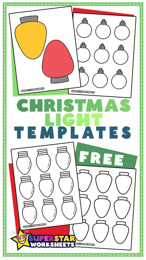 🎄Free Christmas Light Templates for classroom and homeschool holiday activities. Kids can cut out and color blank and colorful bulbs and stars using just scissors and writing supplies. #superstarsheets #bulbs #color #cut #paste #crafts Christmas Light Templates Christmas Glyphs For Kids, Christmas Lights Crafts For Toddlers, Easy Christmas Crafts For Elementary, Christmas Light Crafts For Toddlers, Christmas Craft Preschoolers, Christmas Light Activities Preschool, Christmas Light Printable Template, Christmas Lights Preschool Activities, Christmas Light Classroom Door