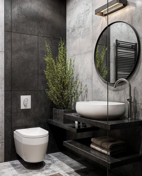 Black White Toilet, All Black Interior Design, Drømme Bad, Grey Bathroom Tiles, Industrial Style Bathroom, Toilet Sink, Washroom Design, Industrial Bathroom, Bathroom Design Inspiration