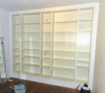 2x80x202 Billy bookcases, 3x40x202 Billy bookcases, matching Billy height extension unit Wall Of Shelves, Built In Bookcases, Billy Ikea, Billy Bookcases, Ikea Built In, Murphy Bed Ikea, Ikea Billy Bookcase Hack, Ikea Billy Bookcase, Ikea Billy