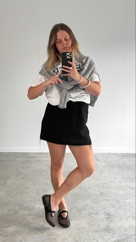 Grey Ballet Flats, Ballet Flat Outfits Summer, Black Mesh Ballet Flats Outfit, Black Ballet Flats Outfit Summer, Black Linen Mini Skirt Outfit, Black Mesh Flats Outfit, Mesh Shoes Outfit, Linen Mini Skirt Outfit, Ballet Flats Outfit Summer