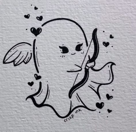 Spooky Sketches Easy, Christmas Ghost Tattoo, Crisp Ink Drawing, Fairy Doodles Easy, Ghost Art Drawing, Gothic Doodles, Ghost Drawings, Crisp Ink, Cute Small Drawings