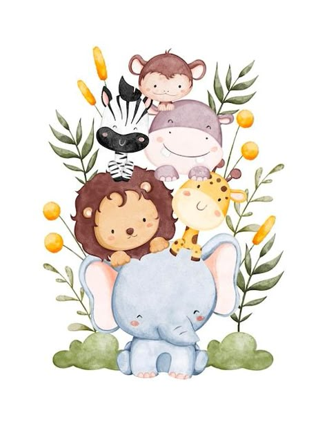 Animais de safári de ilustração em aquar... | Premium Vector #Freepik #vector #elefante #macaco-aquarela #ilustracao-animais #desenho-elefante Animation Animals, Jungle Safari Baby, Modern Watercolor Art, Safari Kids, Safari Baby Animals, Baby Shower Safari, Watercolor Art Diy, Watercolor Birthday, Abstract Watercolor Art