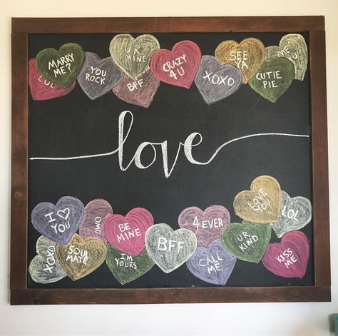 Valentine chalkboard art, candy hearts chalkboard, conversation hearts chalkboard art, Valentine Chalkboard Ideas, Valentine Chalkboard Art, Chalkboard Art Quotes, Quotes Valentines Day, Chalkboard Wall Art, Chalkboard Doodles, Whiteboard Art, Blackboard Art, Chalk Sign