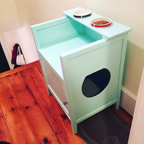 Diy kitty litter area and food station Cat Feeding Station Dog Proof, Cat Feeder Diy, Dog Proof Litter Box, Pet Food Station, Cat Food Station, Diy Cat Food, Cat Feeding Station, Pet Feeding Station, Dog Storage