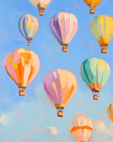 🌤️✨ Soar into serenity with this enchanting acrylic painting of vibrant pastel hot air balloons against a beautiful blue sky! 🎈🎨 Created by the talented Maira Kalman and Janet Hill, this artwork captures the essence of fauvism and realism with its soft brush strokes and dreamy color palette of pink, blue, lavender, green, orange, yellow, and cream. 🌈💖 Perfect for adding a touch of whimsy and wa... Ballon Painting, Hot Air Balloon Painting, Fauvism Painting, Maira Kalman, Hot Air Balloons Art, Beautiful Blue Sky, Janet Hill, Balloon Painting, Watercolour Inspiration