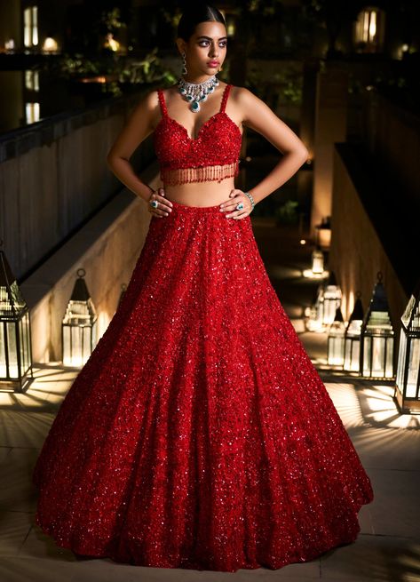 Latest Lehenga Choli Designs For The Modern Bride - ShaadiWish Red Sequin Lehenga, Sequins Lehenga, Sequin Lehenga, Seema Gujral, Lehenga Red, Choli Designs, Red Lehenga, Sequin Embroidery, Indian Bridal Outfits