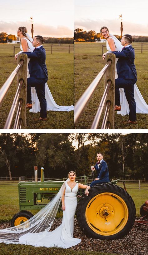 Tractor Wedding Photos, Tractor Wedding Ideas, Wedding Tractor, Tractor Wedding, Wedding Ranch, Bride And Groom Poses, Poses Bride, Country Wedding Photos, Farm Wedding Photos