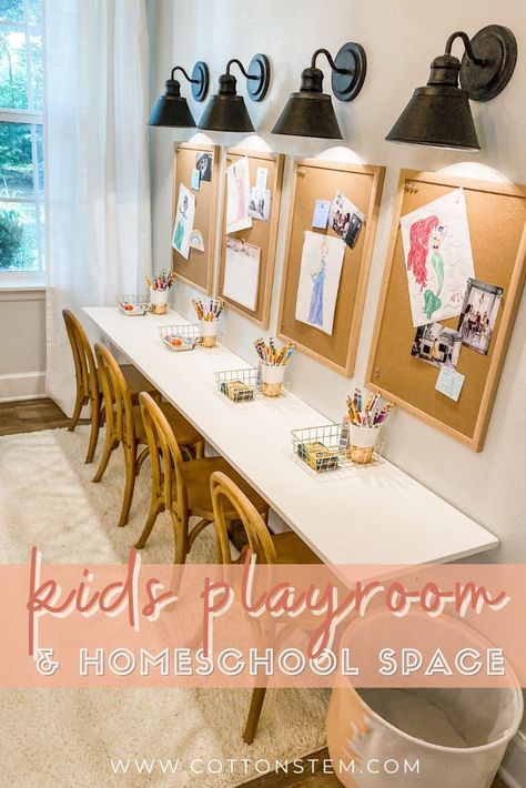 We recently cleaned out our spare bedroom and gave it a new purpose with this kid’s homeschool playroom design idea today! We kept it simple and practical, and they seem to love it already! #homeschoolroom #playroomideas #kidsrooms Kids Playroom Tables, Playroom Learning Center, Basement Guest Room And Playroom, Art Table Playroom, Playroom Ideas Vintage, Kids Playroom With Desk, Diy Playroom Desk, Homeschool Room Guest Room, Art Station Playroom