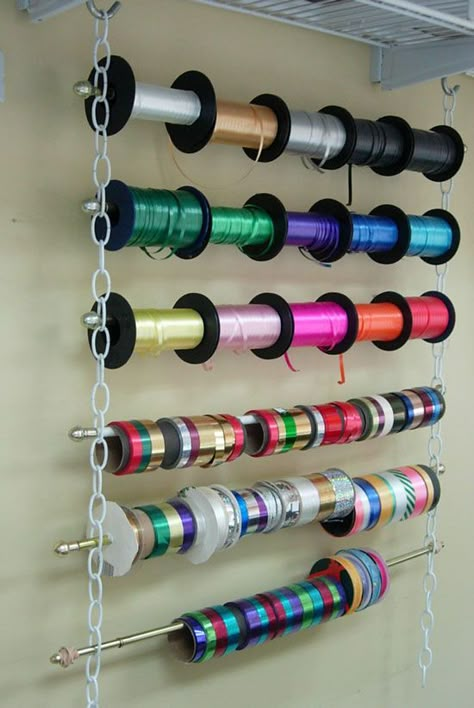 Easy-Ribbon-Holder o man why haven't i thought of this?! looks super cheap and easy. i have chain! i have rods/dowels! geez #Ribbonstorageideas How To Store Ribbons Storage Ideas, Wrapping Room, Showcase Ideas, Ribbon Organizer, Room Organizers, Crafts Storage, Ribbon Holders, Wrapping Paper Storage, Gift Wrapping Station