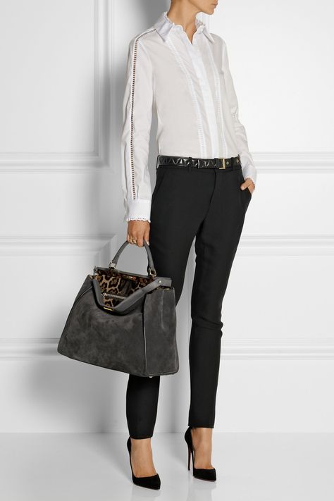 , Miu Miu Belt, Fendi Peekaboo Medium, Gucci Pants, Thornton Bregazzi, Preen By Thornton Bregazzi, Gray Handbags, Fendi Peekaboo, Suede Tote, Office Style