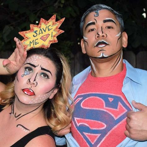 Pop Art Couple Costume and Makeup for Halloween Pop Art Couple Costume, Halloween Costumes Face Paint, Bff Costume Ideas, Creative Couples Costumes, Diy Couples Halloween Costumes, Zombie Mermaid, Pop Art Halloween, Couples Costumes For Halloween, Pop Art Costume