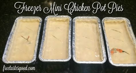 Freezer Mini Chicken Pot Pies - Kid-Friendly and delicious :) Individual Chicken Pot Pies Freezer, Make Ahead Mini Chicken Pot Pies, Freezer Meals For Grandparents, Mini Loaf Pan Freezer Meals, Freezer Friendly Meals For New Moms, Mini Chicken Pot Pies Freezer, Freezer Pot Pie, Chicken Pot Pie Freezer Meal, Freezer Chicken Pot Pie