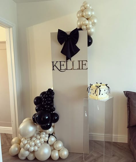 KELLIE 🖤 Introducing our new super skinny sailboard 🤍 We added a large silk bow paired with an acrylic name to the sailboard, which was s… | Instagram Black And White Coquette, 18th Party Ideas, Grad Party Theme, All Black Party, Coquette Party, White Coquette, 25th Birthday Parties, Bridal Shower Balloons, 20th Birthday Party