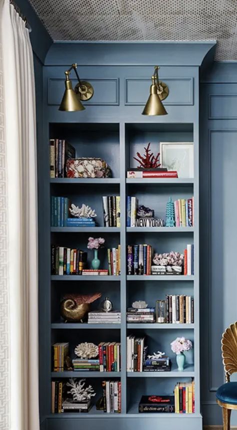 Bookcase Color Ideas, Navy Blue Library, Blue Bookshelf, Blue Billy Bookcase, Navy Bookshelf, Dark Blue Bookshelves, Blue Book Shelf, Blue Bookshelf Aesthetic, Blue Shelves Bookshelves