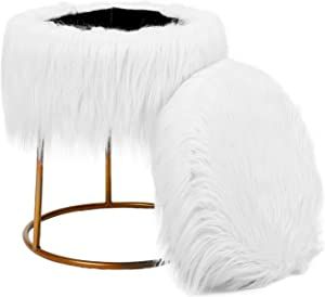 AmazonSmile: BirdRock Home Round White Faux Fur Foot Stool Storage Ottoman with Pale Gold Legs - Vanity Chair - Soft Compact Padded Seat - Bedroom and Kids Room Chair - Metal - Fluffy Makeup Seat : Home & Kitchen White Storage Ottoman, Kids Room Chair, Farah Merhi, Faux Fur Ottoman, Stool Storage, Fur Ottoman, Ottoman Storage, Storage Chair, Vanity Chair