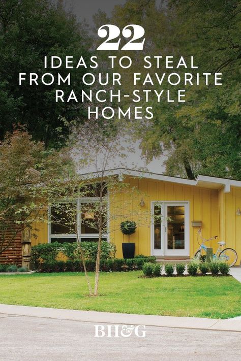 Whether you love the old-school vibe of 1950s-era style or the updated contemporaries of the 21st century, these curb appeal-boosting ideas can help your home look its best. Draw inspiration for your next exterior remodel or landscaping refresh from these ranch homes. #curbappeal #ranchhomes #landscaping #bhg Updated Rambler Exterior, 1950's Houses Exterior, 1950 Home Exterior, Ranch Style Curb Appeal, Cream Ranch House Exterior, Yellow Ranch House Exterior, Mcm Ranch House Exterior, Ranch Home Curb Appeal, Ranch House Remodel Exterior Curb Appeal